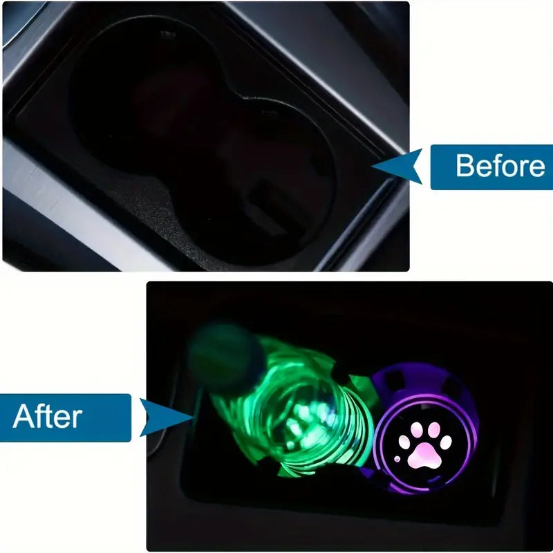 車内アクセサリー用　2個セット 蓄光カーカップコースターホルダー - 犬の爪模様、7色LEDアトモスフィアライト、USB充電、ABS素材、光＆モーションセンサー付き、